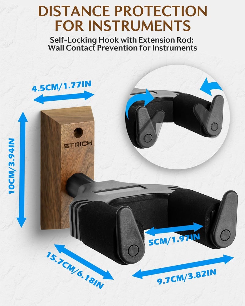 STRICH Guitar Wall Mount,Walnut Base Guitar Hanger,U-Shaped Guitar Wall Hanger Mount with Screws,Auto Lock Guitar Holder Hook Stand for Acoustic, Electric Guitar, Banjo, Bass(2-Pack) - Image 4